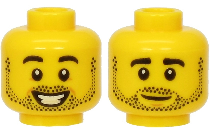 Minifigure, Head Dual Sided Black Eyebrows and Full Beard Stubble, Open Mouth Smile with Teeth / Slight Grin Pattern