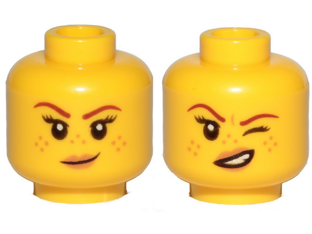 Minifigure, Head Dual Sided Female Reddish Brown Eyebrows, Medium Nougat Freckles and Lips, Smirk / Wink and Open Mouth with Teeth Pattern