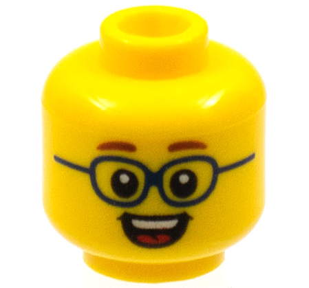 Minifigure, Head Child Reddish Brown Eyebrows, Dark Blue Glasses, Open Mouth Smile with Top Teeth and Red Tongue Pattern