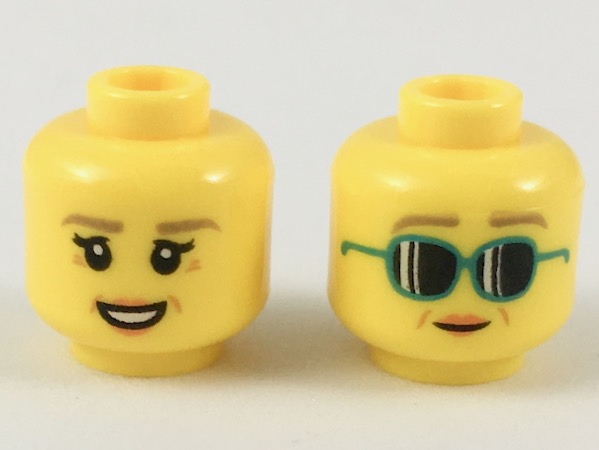 Minifigure, Head Dual Sided Female Dark Tan Eyebrows, Medium Nougat Crow's Feet, Peach Lips, Smile / Dark Turquoise Sunglasses Pattern