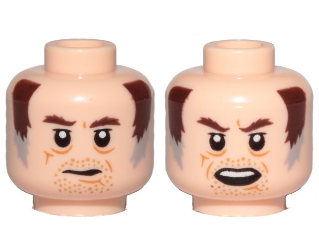 Minifigure, Head Dual Sided Dark Brown Eyebrows, Brown and Gray Sideburns, Stubble, Mouth Closed / Open Pattern (SW Wuher)