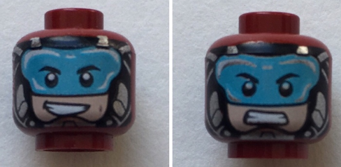Minifigure, Head Dual Sided Black Eyebrows, Light Blue Visor, Mouth Open/ Grim Pattern (ATOM)