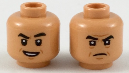 Minifigure, Head Dual Sided Black Eyebrows, Dark Orange Chin Dimple and Wrinkles, Open Mouth Smile with Teeth / Angry Frown Pattern
