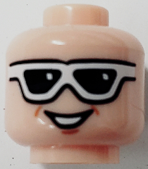 Minifigure, Head White Sunglasses with Black Lenses, Medium Nougat Dimples and Chin Dimple, Open Mouth Smile with Teeth Pattern