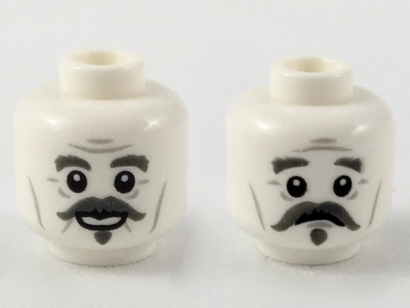 Minifigure, Head Dual Sided Dark Bluish Gray Bushy Eyebrows, Handlebar Moustache and Soul Patch, Light Bluish Gray Wrinkles, Cheek Lines and Forehead Creases, Open Mouth Smile / Worried Expression Pattern