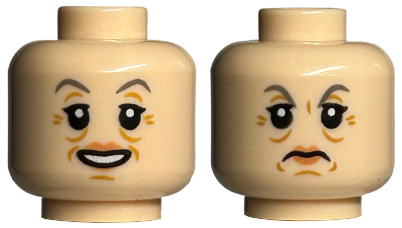 Minifigure, Head Dual Sided Female Dark Bluish Gray Eyebrows, Nougat Lips, Medium Nougat Wrinkles, Smile / Frown Pattern