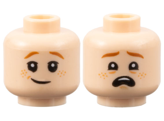Minifigure, Head Dual Sided Child Dark Orange Eyebrows, Nougat Freckles, Lopsided Grin / Scared Open Mouth with Top Teeth Pattern