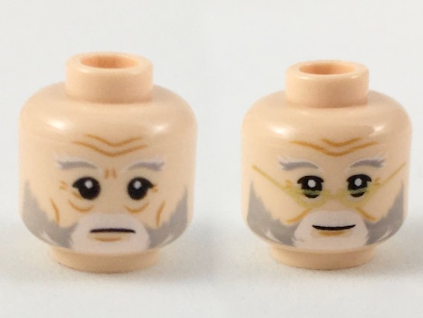 Minifigure, Head Dual Sided Light Bluish Gray and White Eyebrow and Beard, Neutral / Slight Smile with Gold Glasses Pattern