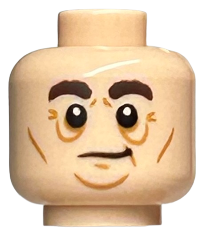 Minifigure, Head Dark Brown Bushy Eyebrows, Medium Nougat Cheek Lines, Chin Dimple and Wrinkles, Slight Lopsided Grin Pattern