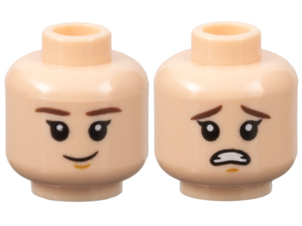 Minifigure, Head Dual Sided Child Female Dark Brown Eyebrows, Medium Nougat Chin Dimple, Grin / Scared Open Mouth with Teeth Pattern