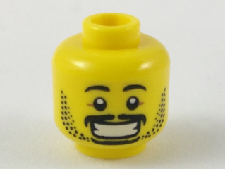 Minifigure, Head Black Eyebrows, Moustache, Goatee, and Beard Stubble, Large Open Mouth Smile with Teeth Pattern