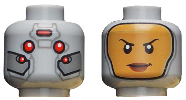 Minifigure, Head Dual Sided Female Balaclava with Yellow Face / Red Eyes, Silver Plates Pattern