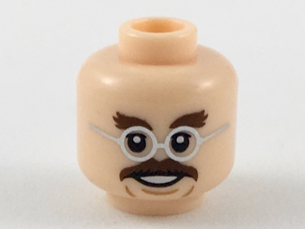 Minifigure, Head Dark Brown Bushy Eyebrows and Moustache, Silver Round Glasses Pattern