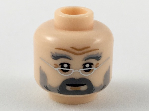 Minifigure, Head Light Bluish Gray and Dark Bluish Gray Bushy Eyebrows, Smooth Moustache and Full Beard, Upper Eyelids, Silver Semicircle Glasses, Medium Nougat Chin Dimple, Forehead Creases and Wrinkles, Slight Grin Pattern