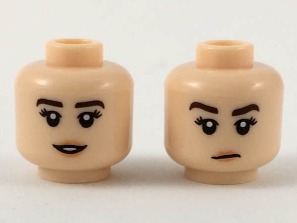 Minifigure, Head Dual Sided Female Dark Brown Eyebrows, Black Eyelashes, Nougat Lips, Small Open Mouth Smile with Teeth / Lopsided Neutral Pattern