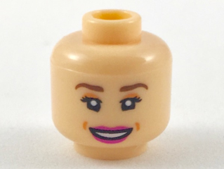 Minifigure, Head Female, Reddish Brown Eyebrows, Peach Eye Shadow, Magenta Lips, Smile Showing Teeth Pattern