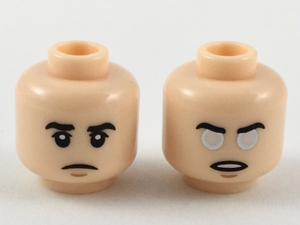 Minifigure, Head Dual Sided Black Eyebrows, Upper Eyelids, Medium Nougat Chin Dimple, Frown / Open Mouth with Teeth, Silver and White Eyes Pattern