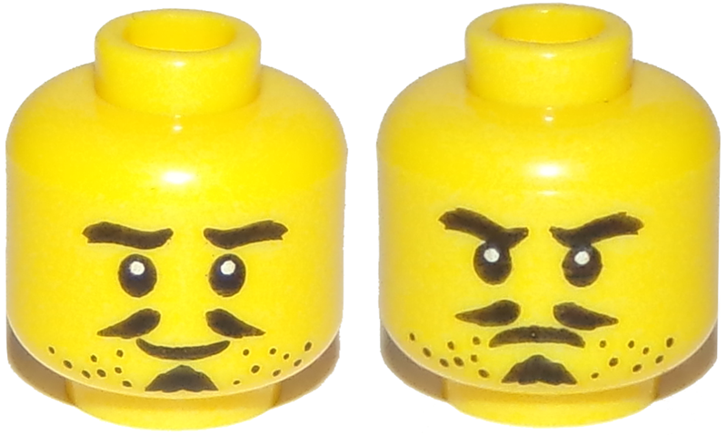 Minifigure, Head Dual Sided Beard Stubble, Thick Eyebrows, Pencil Moustache, Soul Patch, Smile / Frown Pattern