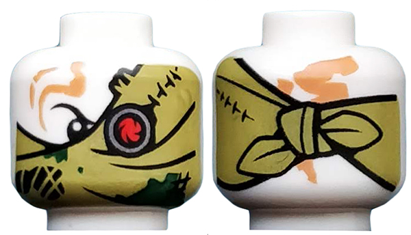 Minifigure, Head Alien Ninjago Red Eye Fan Left, Olive Green Bandana Wrap, Knot on Back Pattern
