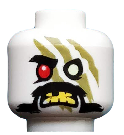 Minifigure, Head Alien Ninjago Red Eye Right, Olive Green Stripes, Moustache, Yellow Teeth Pattern