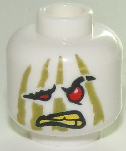 Minifigure, Head Alien Ninjago Red Eyes, Drooping Eye and Mouth Right, Olive Green Stripes, Yellow Teeth Pattern