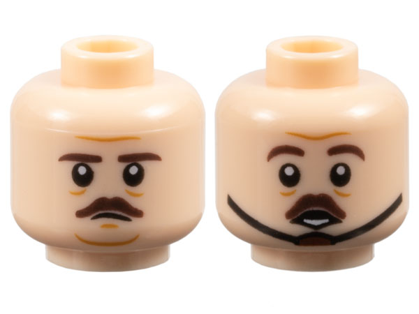Minifigure, Head Dual Sided Dark Brown Eyebrows and Small Moustache, Medium Nougat Wrinkles, Small Frown / Chin Strap and Surprised Open Mouth with Bottom Teeth Pattern