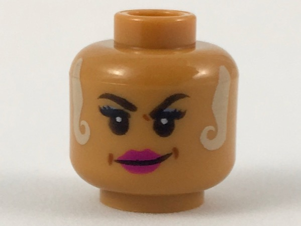 Minifigure, Head Female Black Eyebrows, White Locks Hanging on Both Sides, Magenta Lips Smirk Pattern