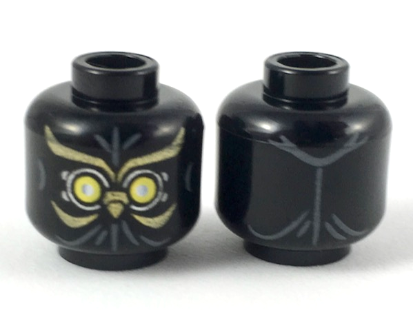 Minifigure, Head Alien with Yellow Eyes with Gold Swirls and Owl Beak Pattern