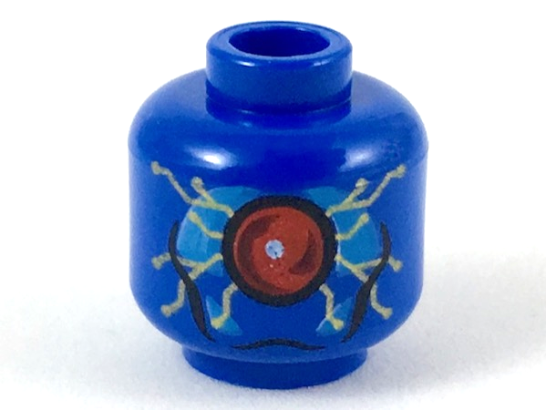 Minifigure, Head Alien with Large Red Eye in Dark Azure Panel, Gold Circuitry Pattern