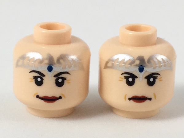 Minifigure, Head Dual Sided Female Silver Tiara with Blue Stone, Dark Red Lips, Smile / Slight Frown Pattern