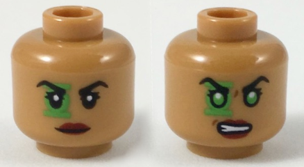 Minifigure, Head Dual Sided Female Black Eyebrows, Green Lantern Around Right Eye, Dark Red Lips, Neutral / Scowl with Green Eyes Pattern