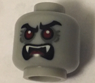 Minifigure, Head Alien Vampire Black Eyebrows, Red Eyes, Dark Bluish Gray Eye Shadow, Open Mouth with Fangs and Tongue Pattern (BAM)