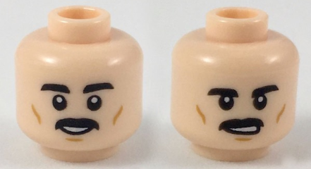 Minifigure, Head Dual Sided Black Eyebrows and Moustache, Medium Nougat Cheek Lines, Smile / Nervous Smile Pattern