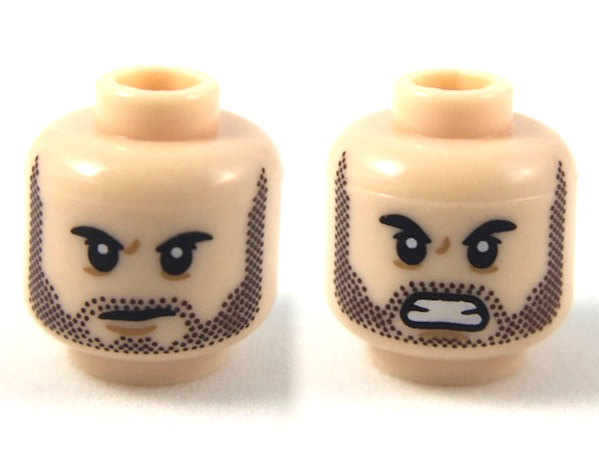 Minifigure, Head Dual Sided Dark Brown Heavy Stubble, Small Scowl / Furious Expression Pattern