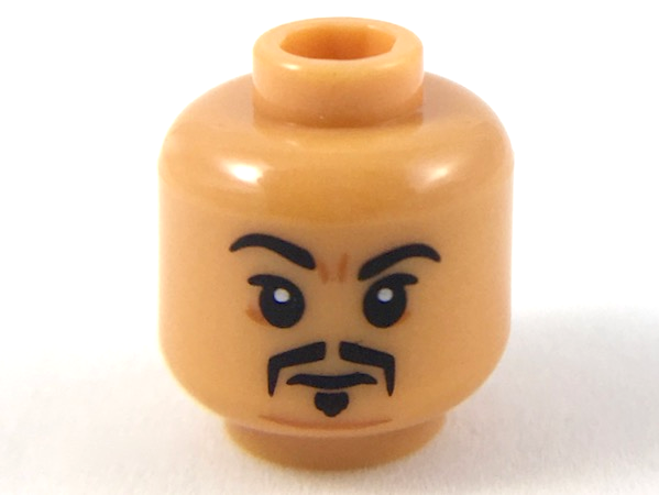 Minifigure, Head Black Eyebrows, Upper Eyelids, Fu Manchu Moustache and Soul Patch, Medium Nougat Chin Crease, Neutral Pattern