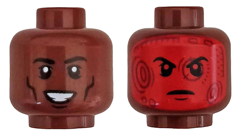 Minifigure, Head Dual Sided Black Eyebrows, Eyelids, Cheek Lines, Chin Dimple, Open Mouth Smile with Teeth / Angry Frown with Red Head-Up Display (HUD) Pattern