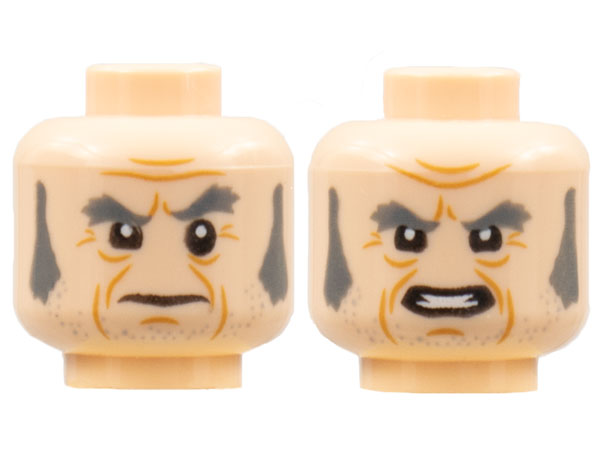 Minifigure, Head Dual Sided Dark Bluish Gray Eyebrows and Sideburns, Cheek Lines, Frown / Mouth with Teeth Pattern