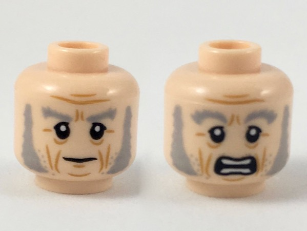 Minifigure, Head Dual Sided Light Bluish Gray Eyebrows and Mutton Chops, Medium Nougat Wrinkles, Neutral / Scared Expression Pattern