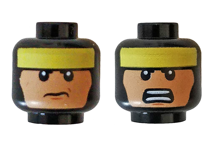 Minifigure, Head Dual Sided Balaclava with Yellow Headband, Nougat Face, Frown / Bared Teeth Pattern