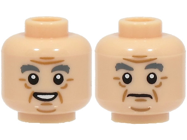 Minifigure, Head Dual Sided Dark Bluish Gray Bushy Eyebrows, Medium Nougat Jowl Lines, Chin Dimple, Forehead Creases and Wrinkles, Open Mouth Smile with Teeth / Frown Pattern