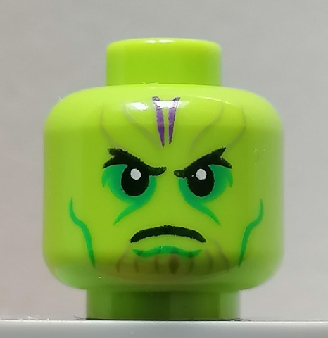 Minifigure, Head Alien Skrull with Black Eyes and Frown, Bright Green Eye Shadow and Cheek Lines, and Dark Purple Markings on Forehead Pattern