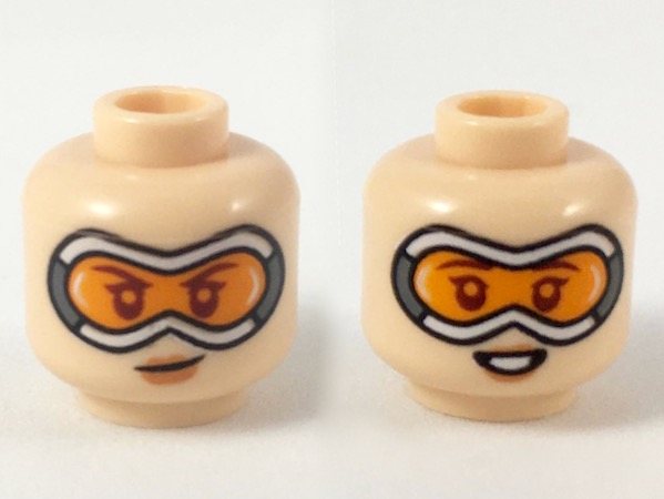 Minifigure, Head Dual Sided Female, Large Goggles with Orange Lenses, Smirk / Smile Pattern