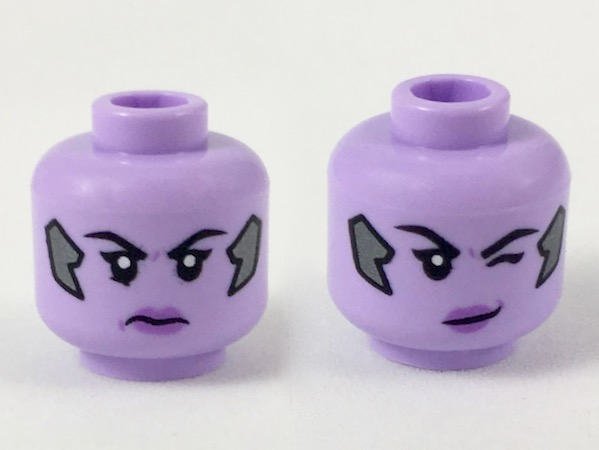Minifigure, Head Dual Sided Female, Pearl Dark Gray Implants, Medium Lavender Lips, Scowl / Smile Winking Left Eye Pattern