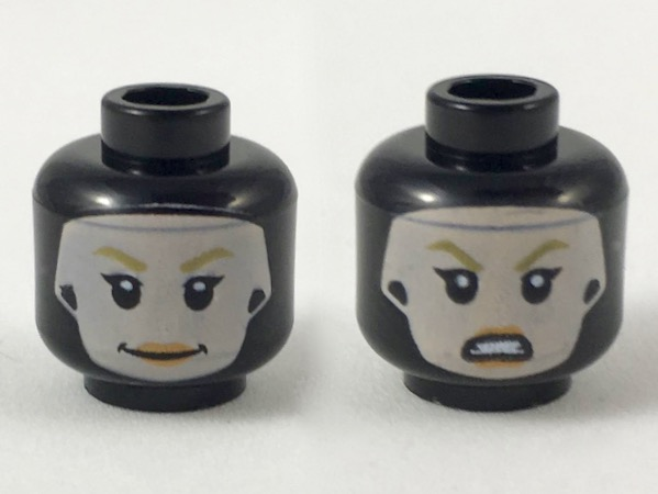 Minifigure, Head Dual Sided Female Balaclava, Light Nougat Face with Dark Yellow Eyebrows, Peach Lips, Smile / Surprised Pattern