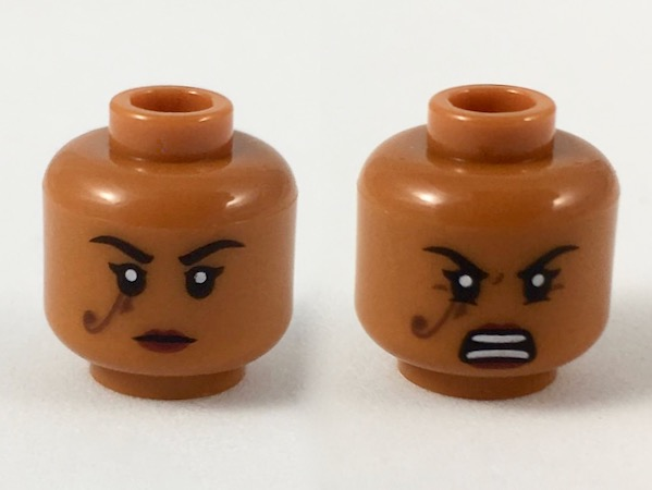 Minifigure, Head Dual Sided Female, Dark Purple Eye of Horus Filigree Tattoo Under Right Eye, Dark Red Lips, Neutral / Fierce Pattern