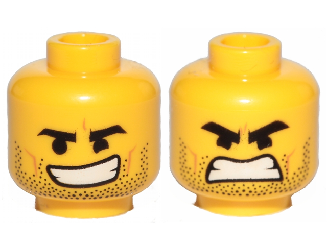 Minifigure, Head Dual Sided Black Eyebrows, Stubble, Open Smile / Open Mouth Angry Pattern (Rex Dangervest)
