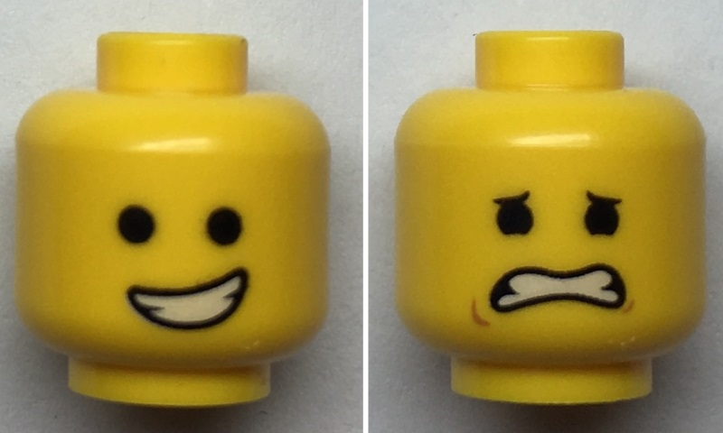 Minifigure, Head Dual Sided Open Smile with Teeth / Eyebrows, Scared with Dimples Pattern