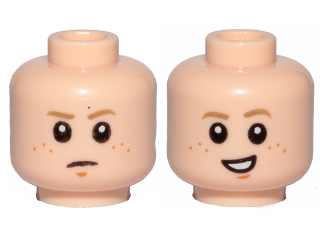 Minifigure, Head Dual Sided Child Dark Tan Eyebrows, Medium Nougat Freckles and Chin Dimple, Frown / Lopsided Open Mouth Smile with Teeth Pattern
