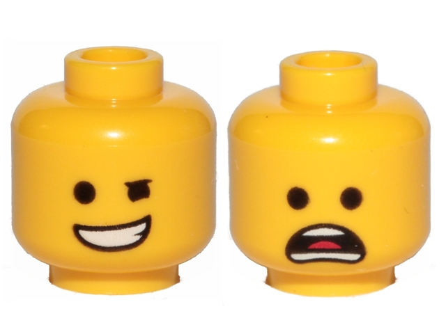 Minifigure, Head Dual Sided Winking Smile / Open Mouth Scared Pattern (Emmet)