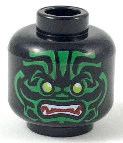 Minifigure, Head Alien with Lime Eyes, White Fangs, Green Face Decorations and Dark Red Mouth Pattern